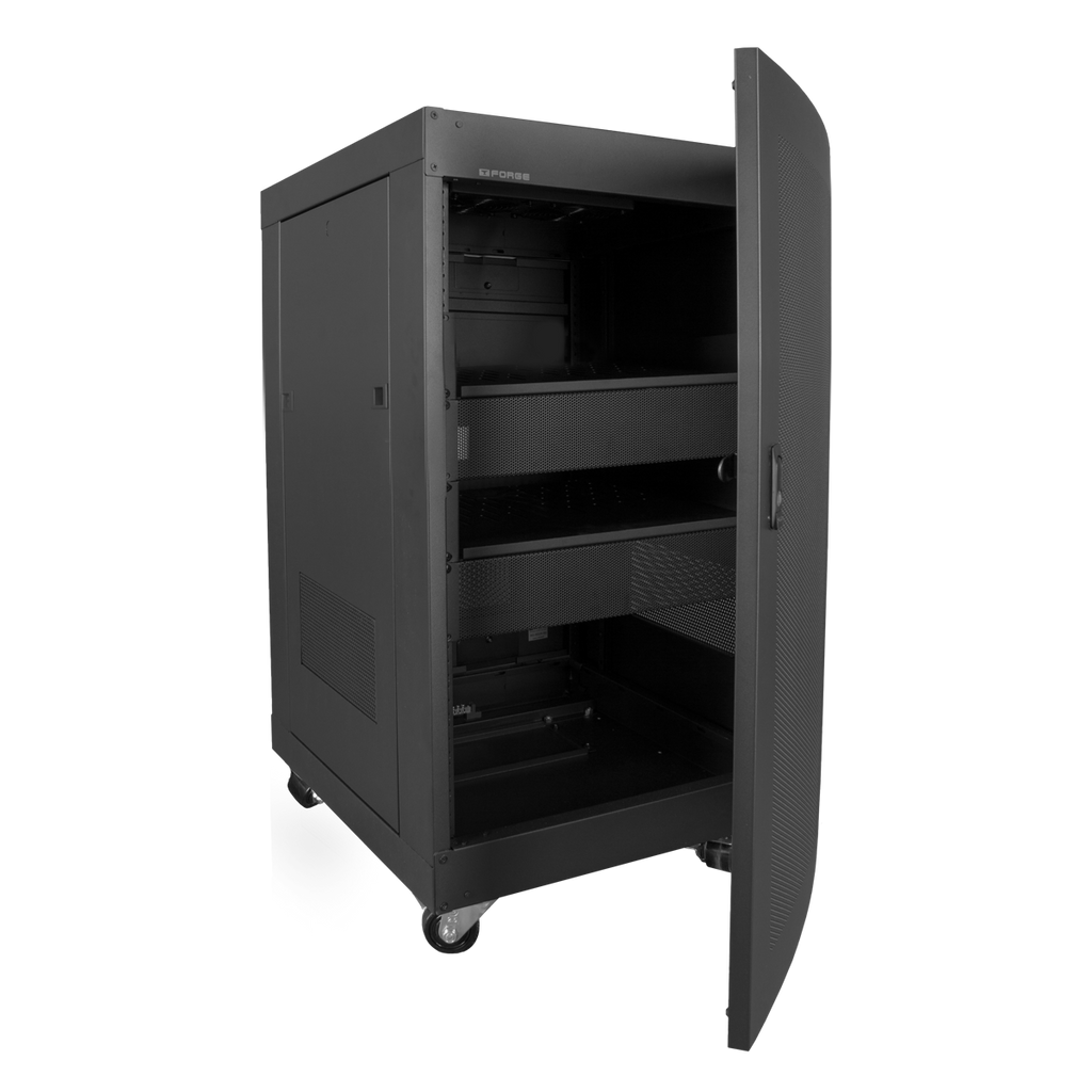 FORGE Vault Series professional AV rack with its front door open